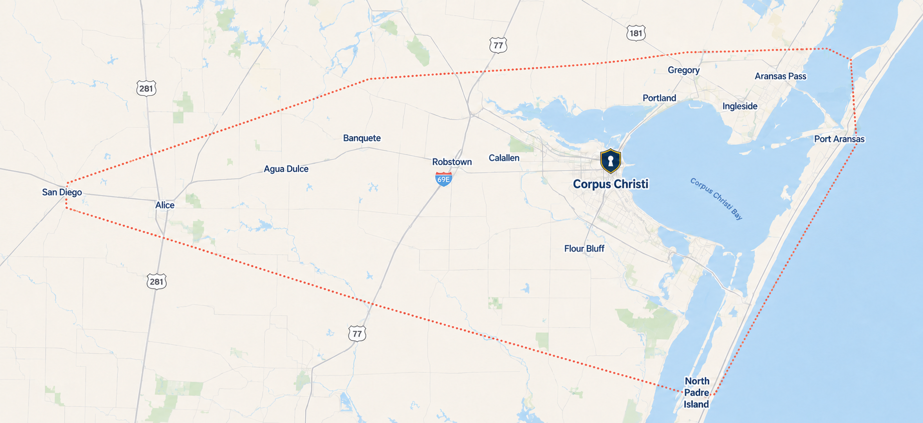 Regional map centered on Corpus Christi for confirming mobile locksmith service coverage